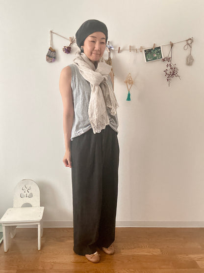 【パンツ】楽なのに上品なリネンツータックパンツ【スミクロblack】/日本