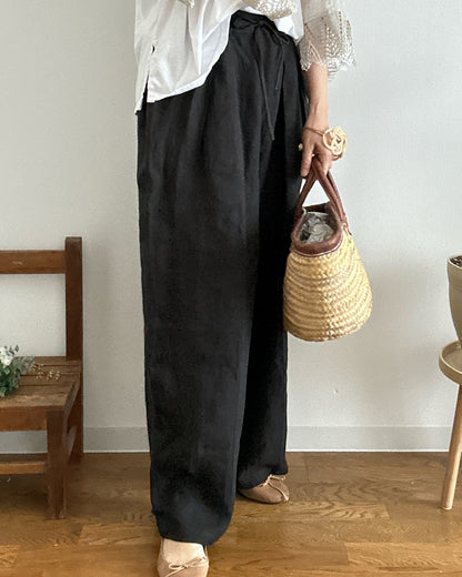 【パンツ】楽なのに上品なリネンツータックパンツ【スミクロblack】/日本